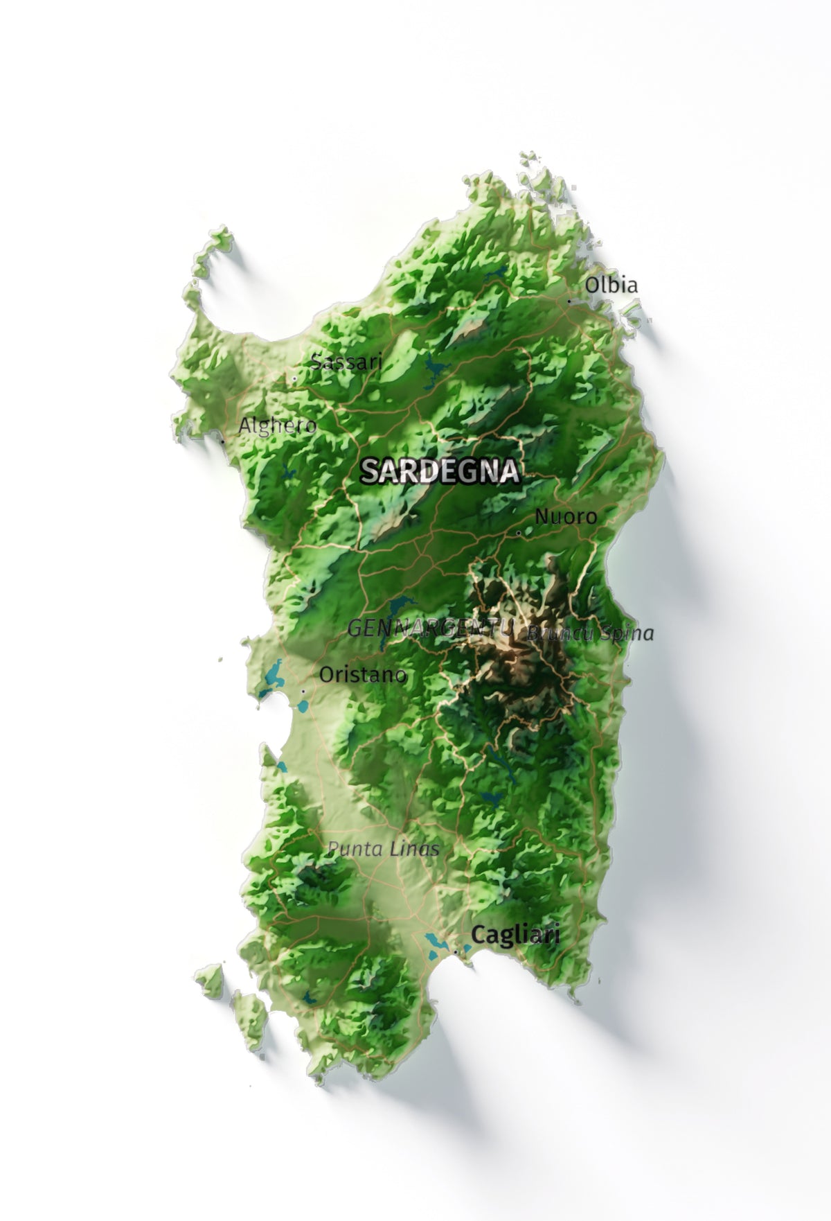 Mapa minimalista del relleu d’Itàlia per regions en estil Clàssic. Detall de Sardenya. 50 × 70 cm.