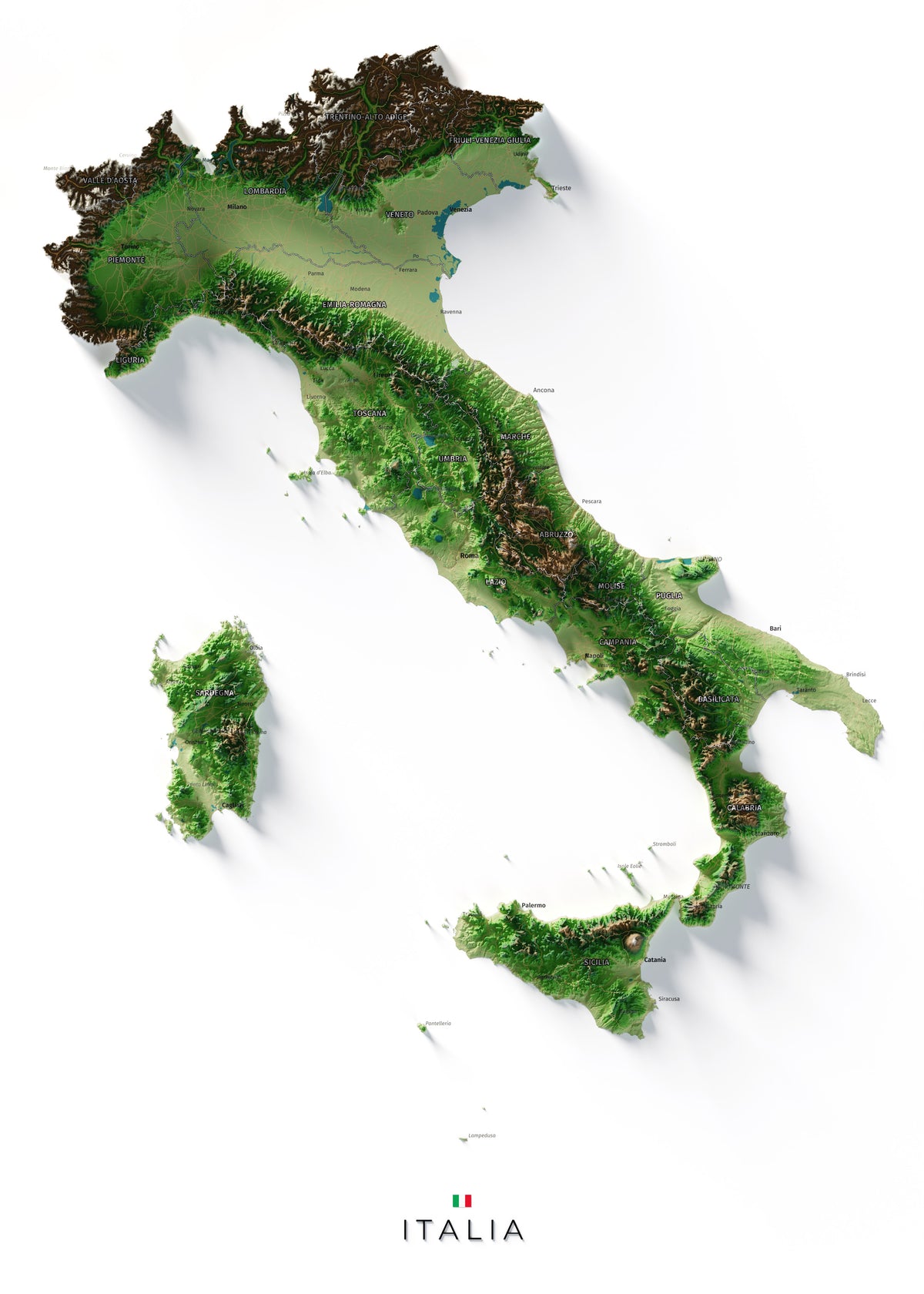 Mapa minimalista del relleu d’Itàlia per regions en estil Clàssic. Vista completa de la làmina. 50 × 70 cm.