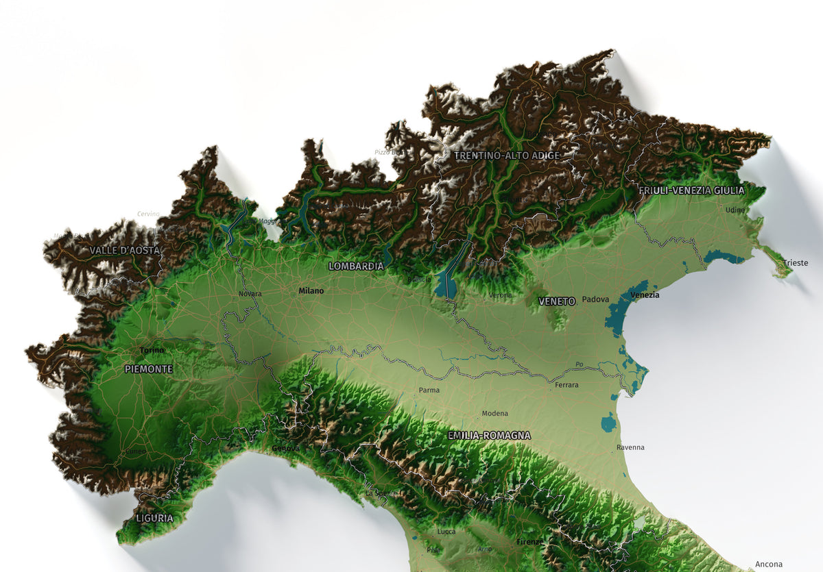Mapa minimalista del relleu d’Itàlia per regions en estil Clàssic. Detall dels Alps i la plana del Po al nord d’Itàlia. 61 × 91 cm.
