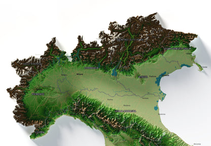 Mapa minimalista del relleu d’Itàlia per regions en estil Clàssic. Detall dels Alps i la plana del Po al nord d’Itàlia. 61 × 91 cm.