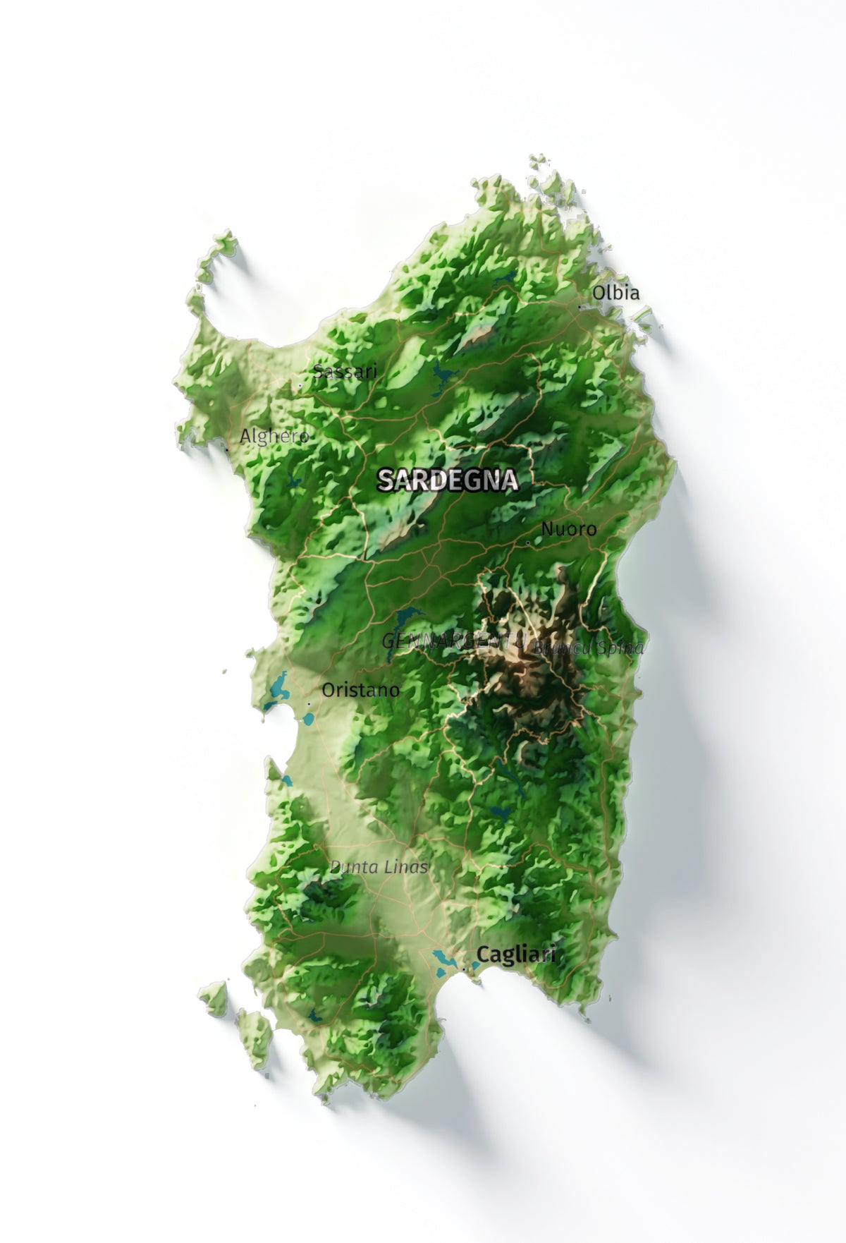 Mapa minimalista del relleu d’Itàlia per regions en estil Clàssic. Detall de Sardenya. 61 × 91 cm.