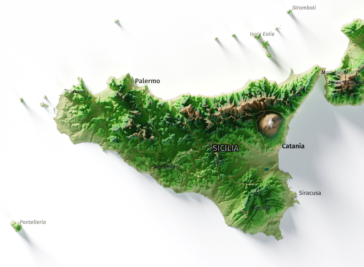 Mapa minimalista del relleu d’Itàlia per regions en estil Clàssic. Detall de Sicília. 61 × 91 cm.