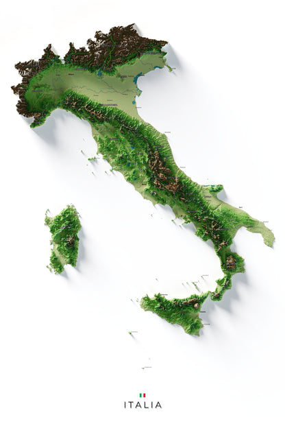 Mapa minimalista del relleu d’Itàlia per regions en estil Clàssic. Vista completa de la làmina. 61 × 91 cm.