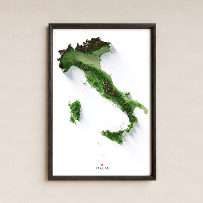 Mapa minimalista del relleu d’Itàlia per regions en estil Clàssic. La làmina completa en un marc negre a la paret. 61 × 91 cm.