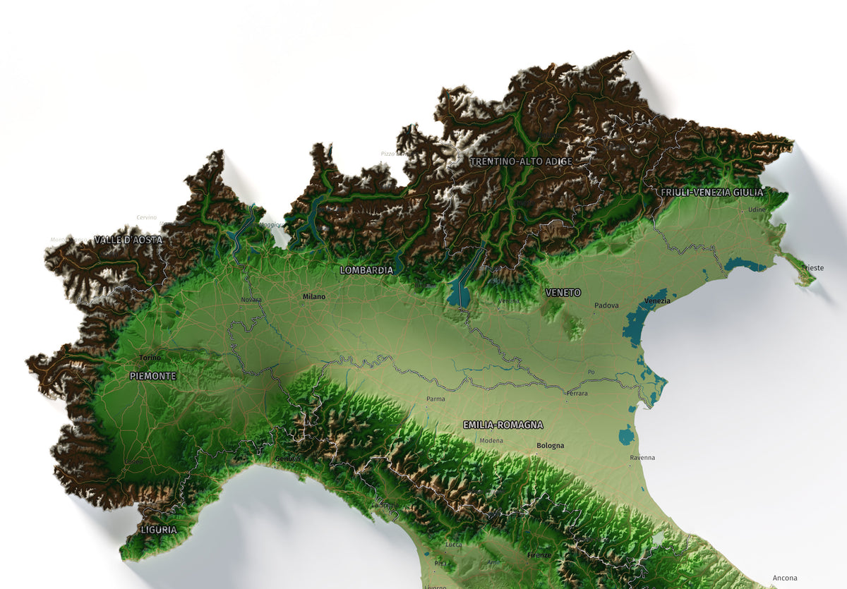 Mapa minimalista del relleu d’Itàlia per regions en estil Clàssic. Detall dels Alps i la plana del Po al nord d’Itàlia. 70 × 100 cm.