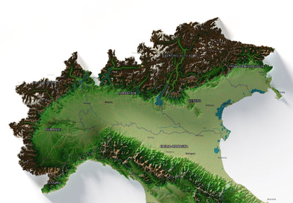 Mapa minimalista del relleu d’Itàlia per regions en estil Clàssic. Detall dels Alps i la plana del Po al nord d’Itàlia. 70 × 100 cm.