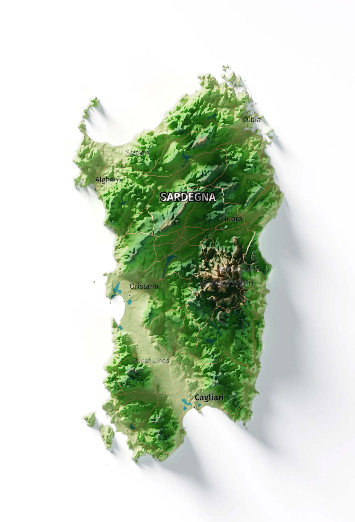Mapa minimalista del relleu d’Itàlia per regions en estil Clàssic. Detall de Sardenya. 70 × 100 cm.