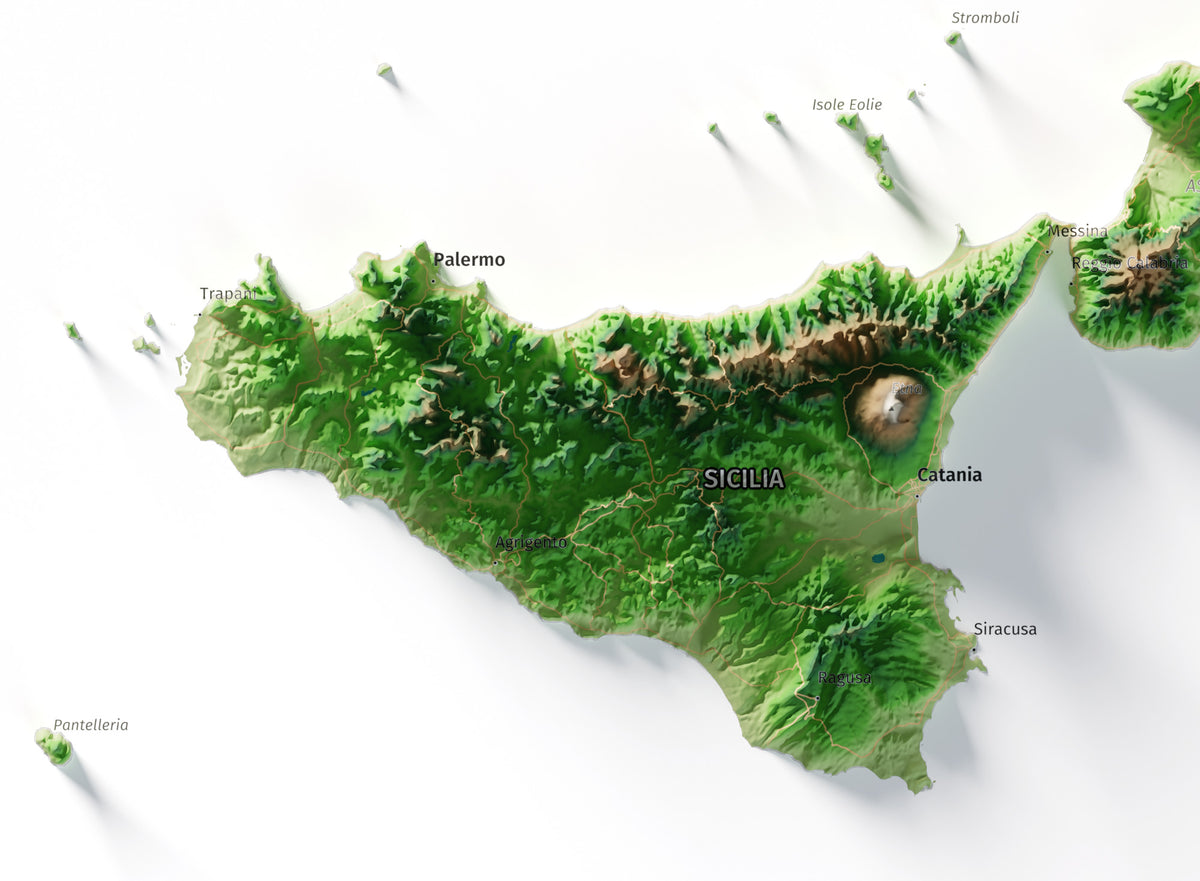 Mapa minimalista del relleu d’Itàlia per regions en estil Clàssic. Detall de Sicília. 70 × 100 cm.