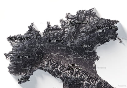 Mapa minimalista del relleu d’Itàlia per regions en estil Gris lavanda. Detall dels Alps i la plana del Po al nord d’Itàlia. 21 × 30 cm.