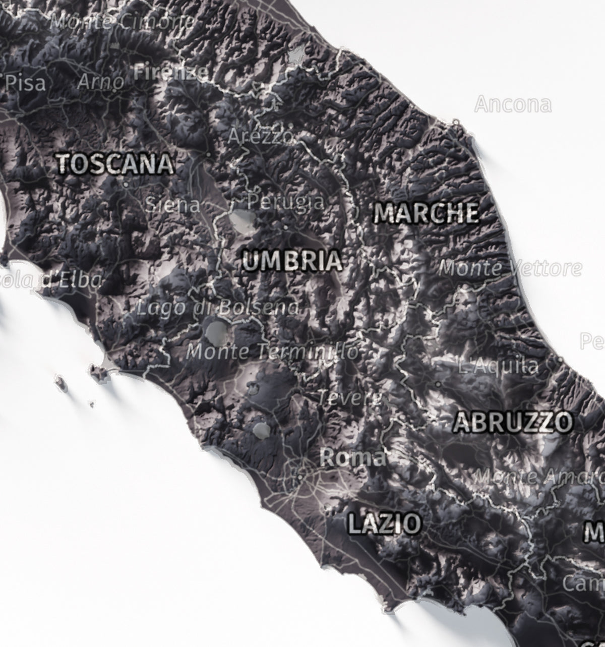 Mapa minimalista del relleu d’Itàlia per regions en estil Gris lavanda. Detall de Roma i els Apenins a la Itàlia central. 21 × 30 cm.
