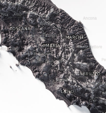 Mapa minimalista del relleu d’Itàlia per regions en estil Gris lavanda. Detall de Roma i els Apenins a la Itàlia central. 21 × 30 cm.