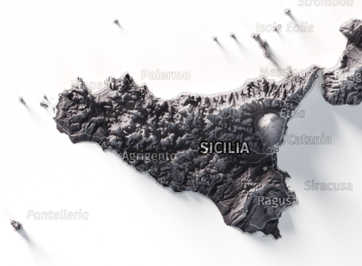 Mapa minimalista del relleu d’Itàlia per regions en estil Gris lavanda. Detall de Sicília. 21 × 30 cm.