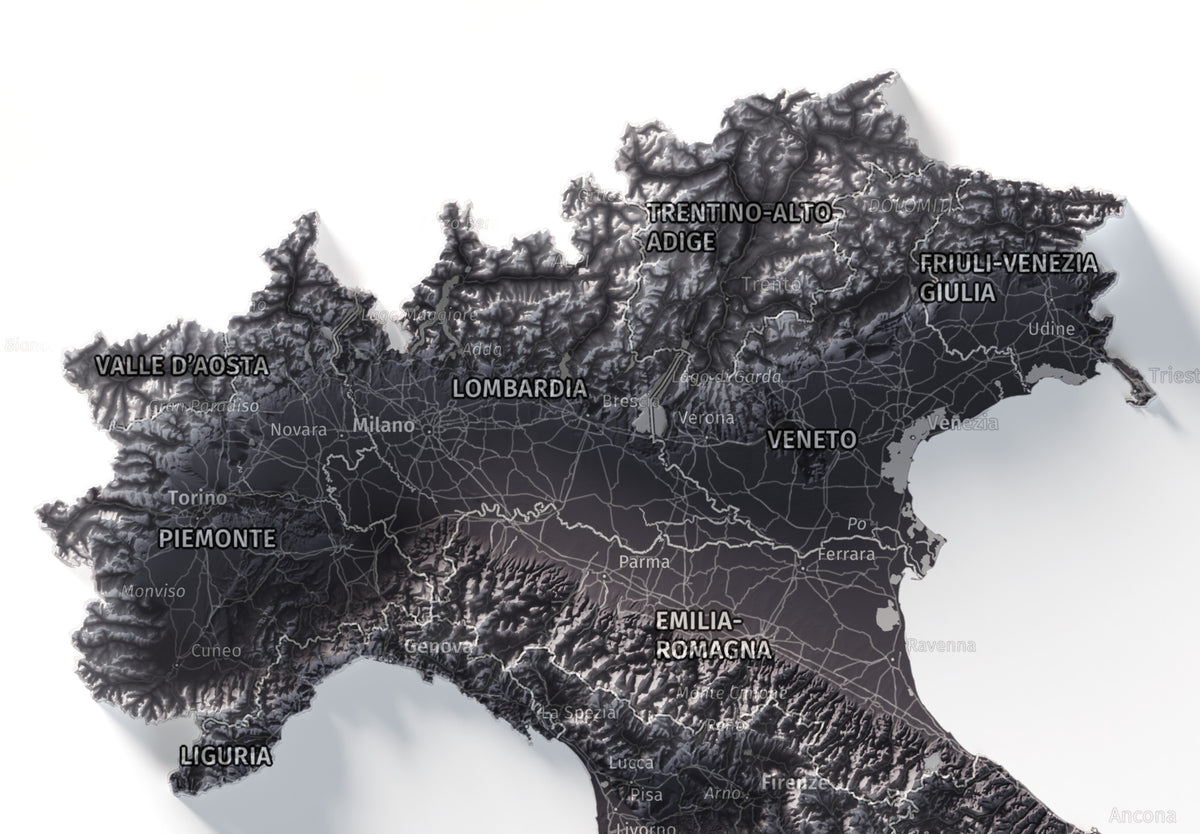Mapa minimalista del relleu d’Itàlia per regions en estil Gris lavanda. Detall dels Alps i la plana del Po al nord d’Itàlia. 30 × 40 cm.