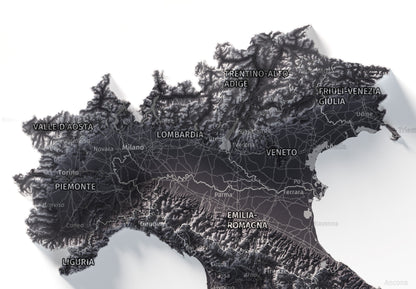 Mapa minimalista del relleu d’Itàlia per regions en estil Gris lavanda. Detall dels Alps i la plana del Po al nord d’Itàlia. 30 × 40 cm.