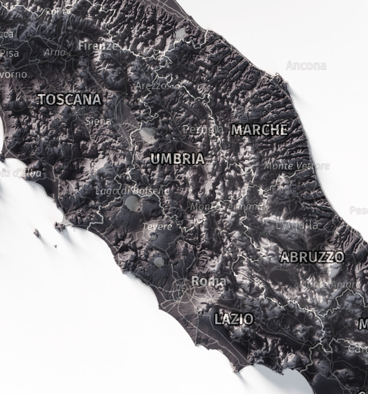 Mapa minimalista del relleu d’Itàlia per regions en estil Gris lavanda. Detall de Roma i els Apenins a la Itàlia central. 30 × 40 cm.
