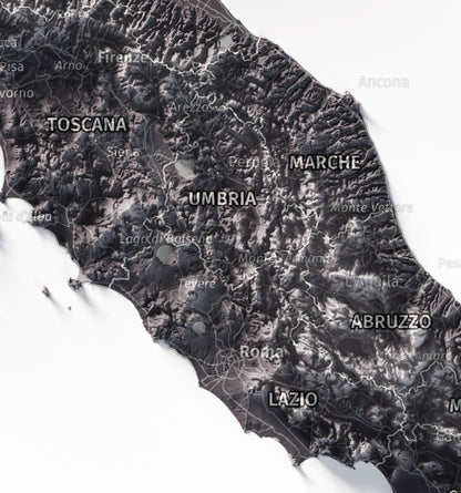 Mapa minimalista del relleu d’Itàlia per regions en estil Gris lavanda. Detall de Roma i els Apenins a la Itàlia central. 30 × 40 cm.