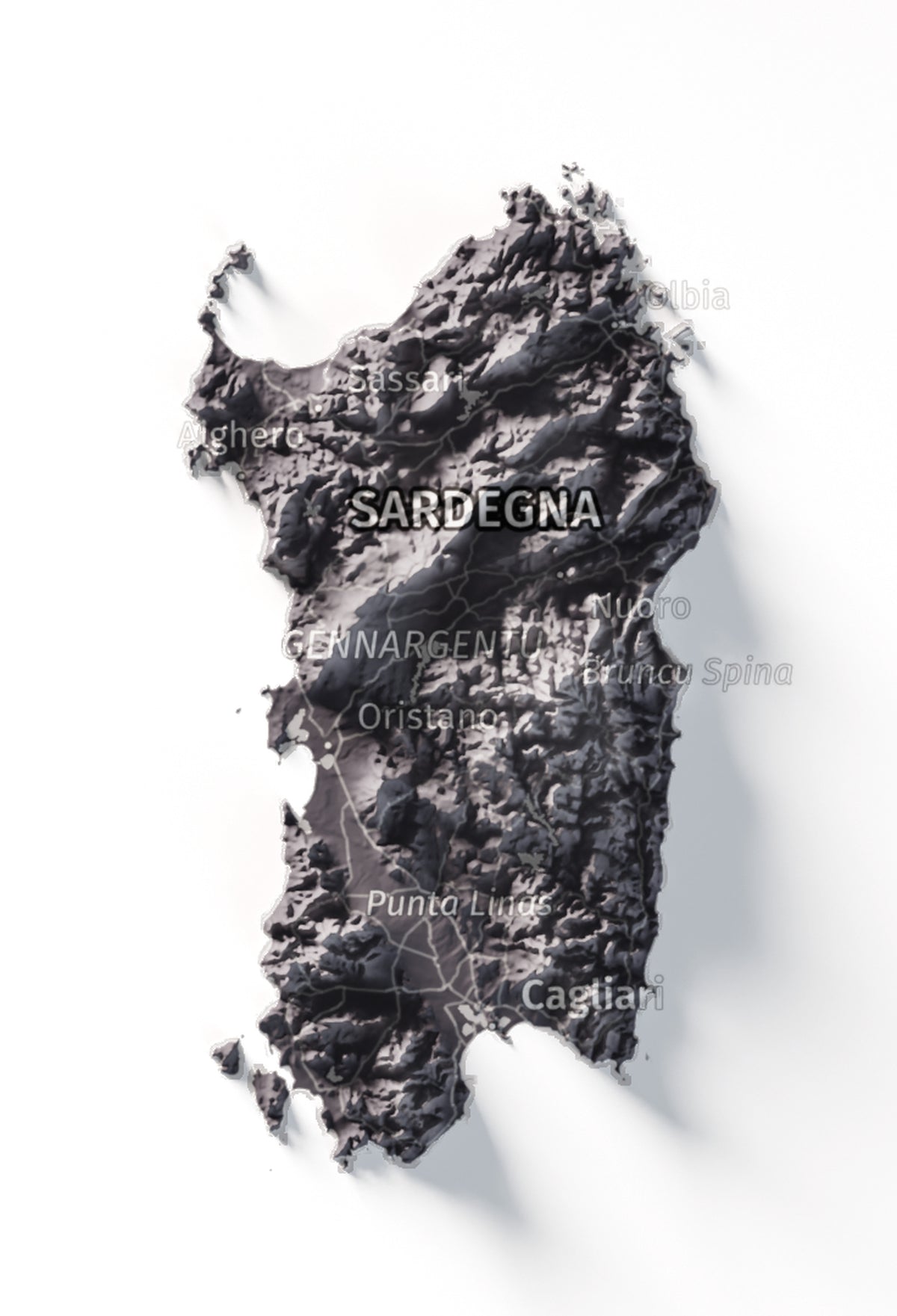 Mapa minimalista del relleu d’Itàlia per regions en estil Gris lavanda. Detall de Sardenya. 30 × 40 cm.