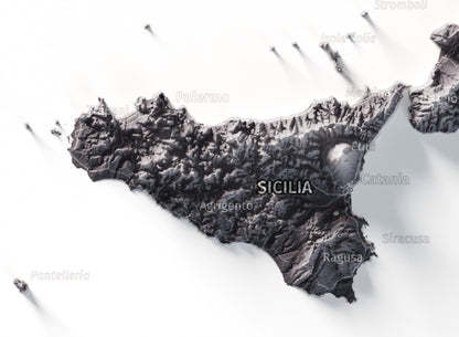 Mapa minimalista del relleu d’Itàlia per regions en estil Gris lavanda. Detall de Sicília. 30 × 40 cm.