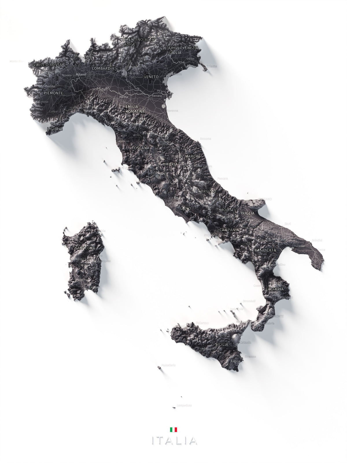 Mapa minimalista del relleu d’Itàlia per regions en estil Gris lavanda. Vista completa de la làmina. 30 × 40 cm.