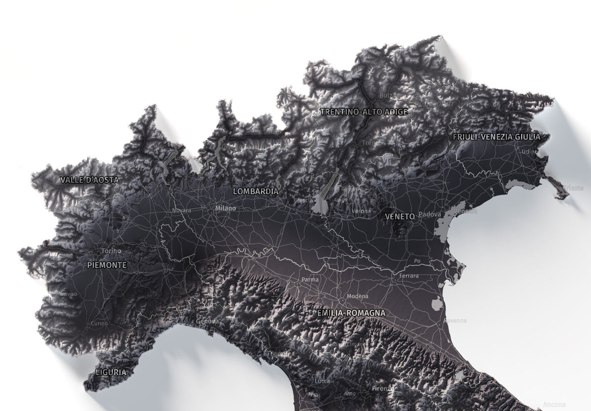 Mapa minimalista del relleu d’Itàlia per regions en estil Gris lavanda. Detall dels Alps i la plana del Po al nord d’Itàlia. 50 × 70 cm.