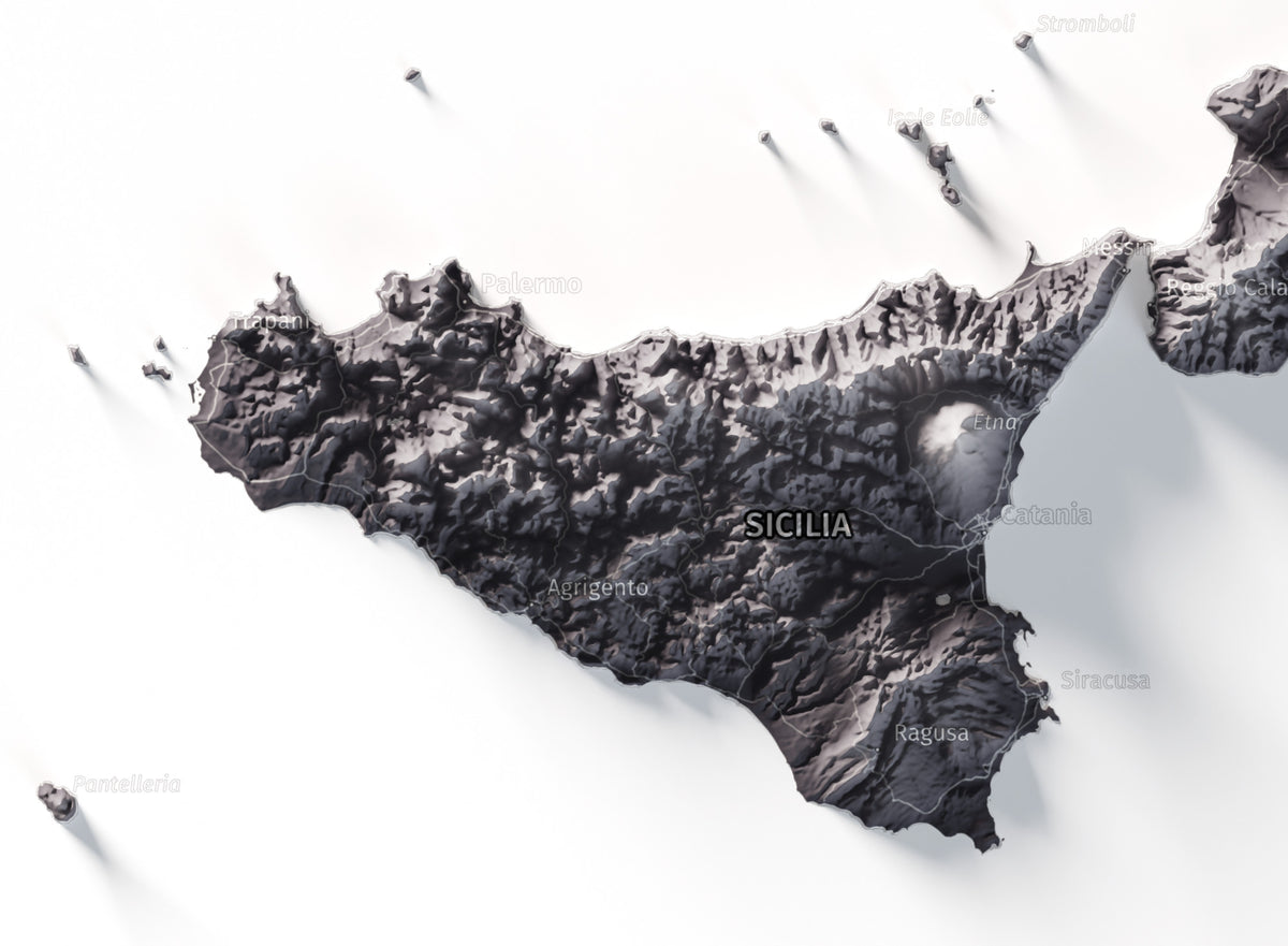 Mapa minimalista del relleu d’Itàlia per regions en estil Gris lavanda. Detall de Sicília. 50 × 70 cm.