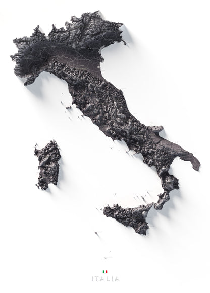 Mapa minimalista del relleu d’Itàlia per regions en estil Gris lavanda. Vista completa de la làmina. 50 × 70 cm.