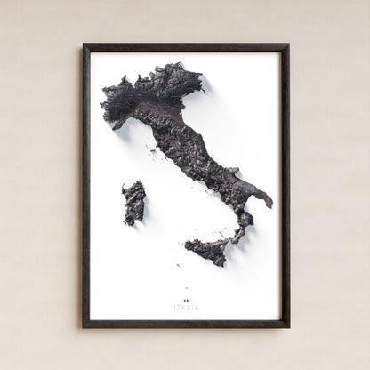Mapa minimalista del relleu d’Itàlia per regions en estil Gris lavanda. La làmina completa en un marc negre a la paret. 50 × 70 cm.