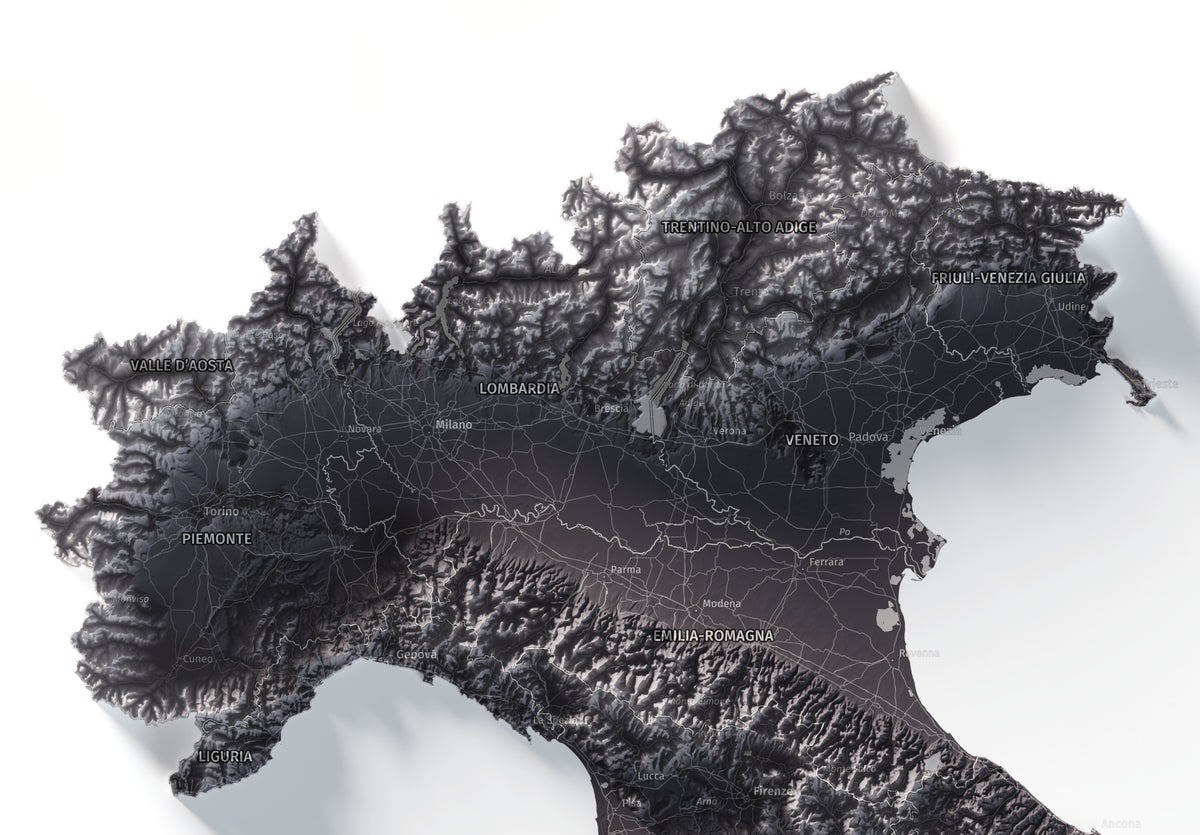Mapa minimalista del relleu d’Itàlia per regions en estil Gris lavanda. Detall dels Alps i la plana del Po al nord d’Itàlia. 61 × 91 cm.