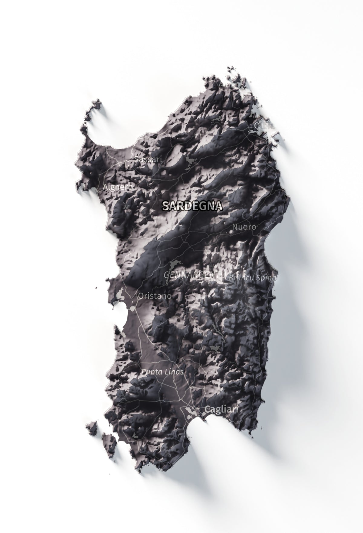 Mapa minimalista del relleu d’Itàlia per regions en estil Gris lavanda. Detall de Sardenya. 61 × 91 cm.