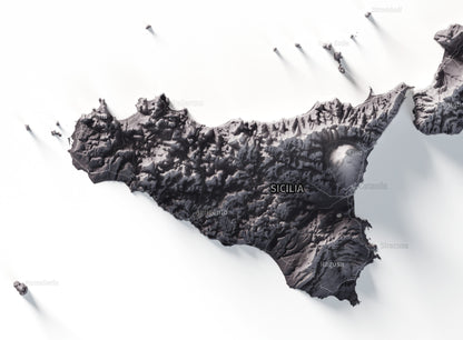 Mapa minimalista del relleu d’Itàlia per regions en estil Gris lavanda. Detall de Sicília. 61 × 91 cm.