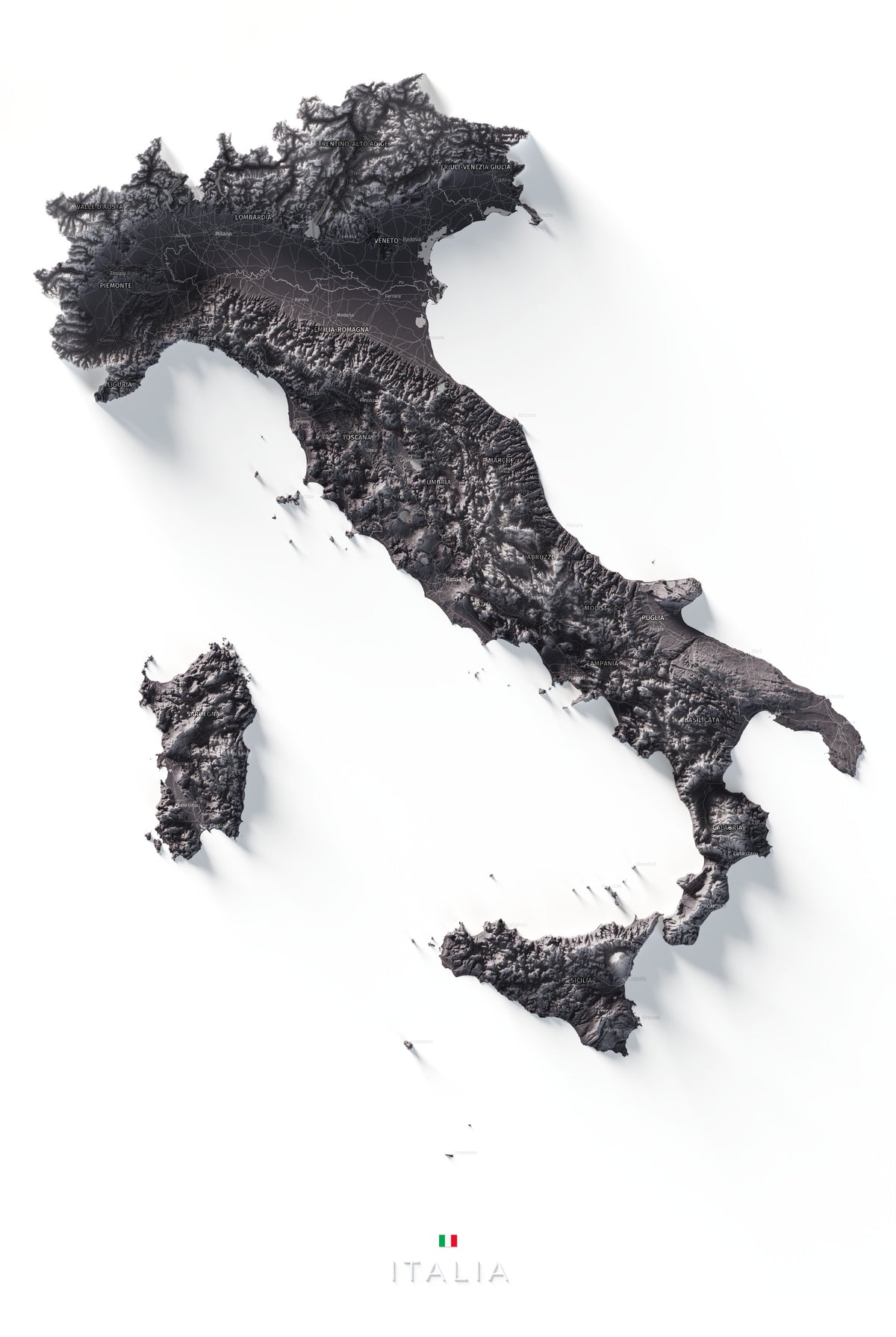 Mapa minimalista del relleu d’Itàlia per regions en estil Gris lavanda. Vista completa de la làmina. 61 × 91 cm.