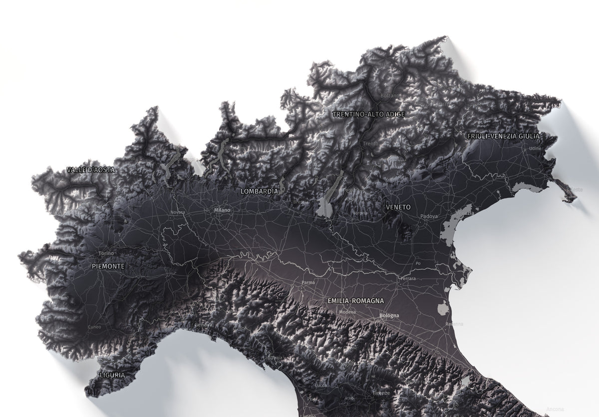 Mapa minimalista del relleu d’Itàlia per regions en estil Gris lavanda. Detall dels Alps i la plana del Po al nord d’Itàlia. 70 × 100 cm.