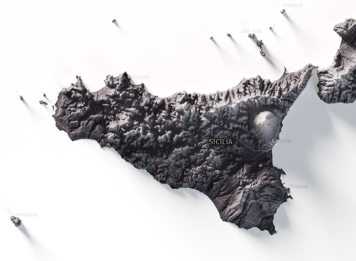 Mapa minimalista del relleu d’Itàlia per regions en estil Gris lavanda. Detall de Sicília. 70 × 100 cm.
