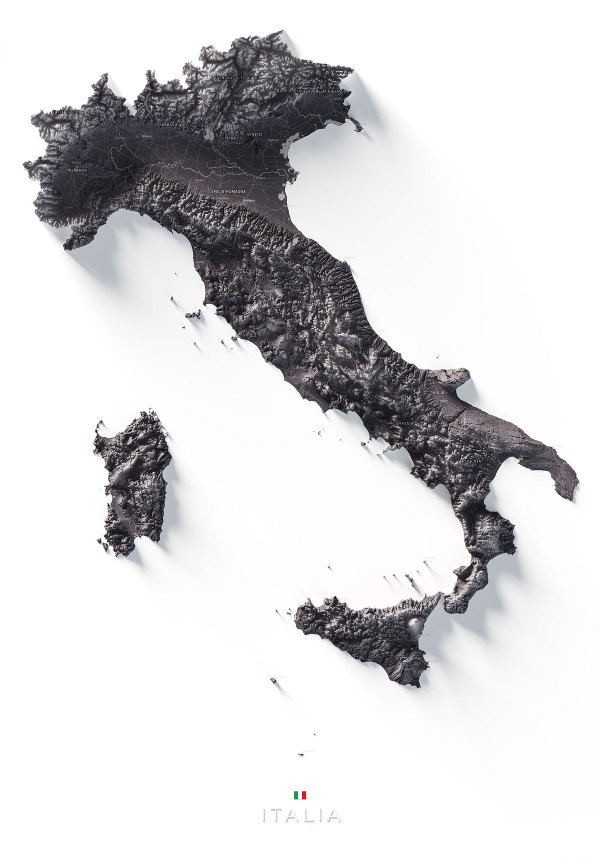 Mapa minimalista del relleu d’Itàlia per regions en estil Gris lavanda. Vista completa de la làmina. 70 × 100 cm.