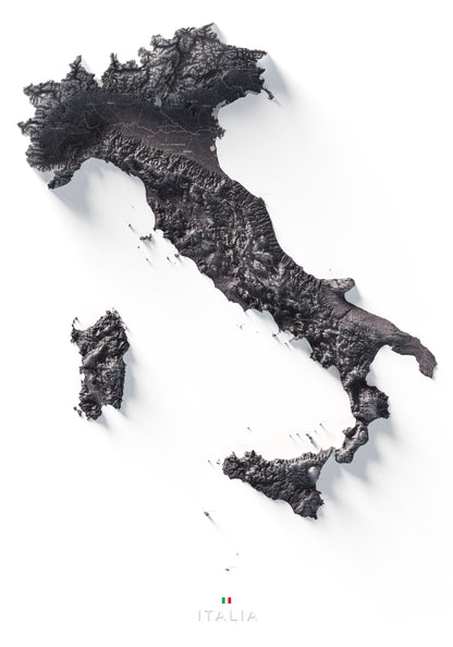Mapa minimalista del relleu d’Itàlia per regions en estil Gris lavanda. Vista completa de la làmina. 70 × 100 cm.