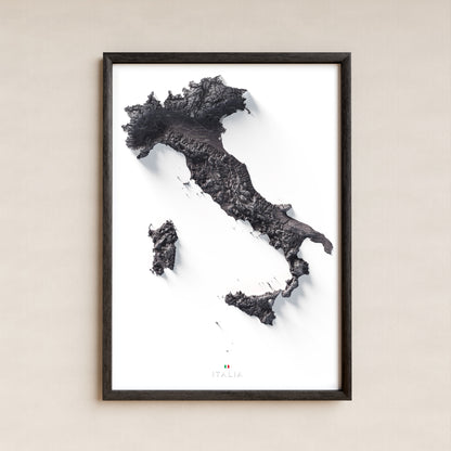 Mapa minimalista del relleu d’Itàlia per regions en estil Gris lavanda. La làmina completa en un marc negre a la paret. 70 × 100 cm.