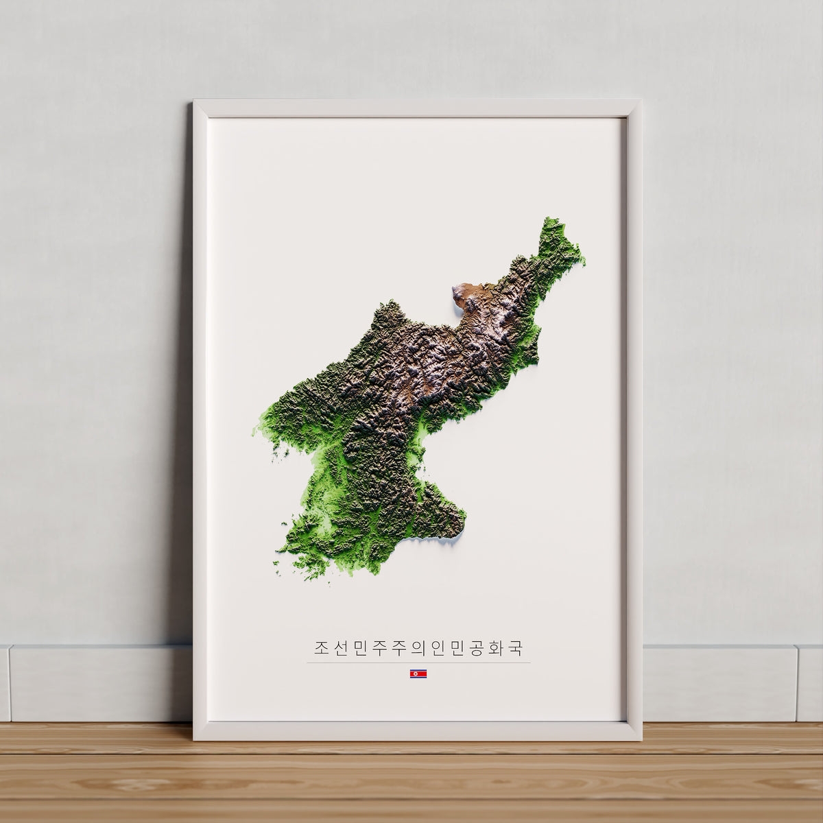 Corea del Norte: vista ambientada del mapa con marco decorativo (marco no incluido).