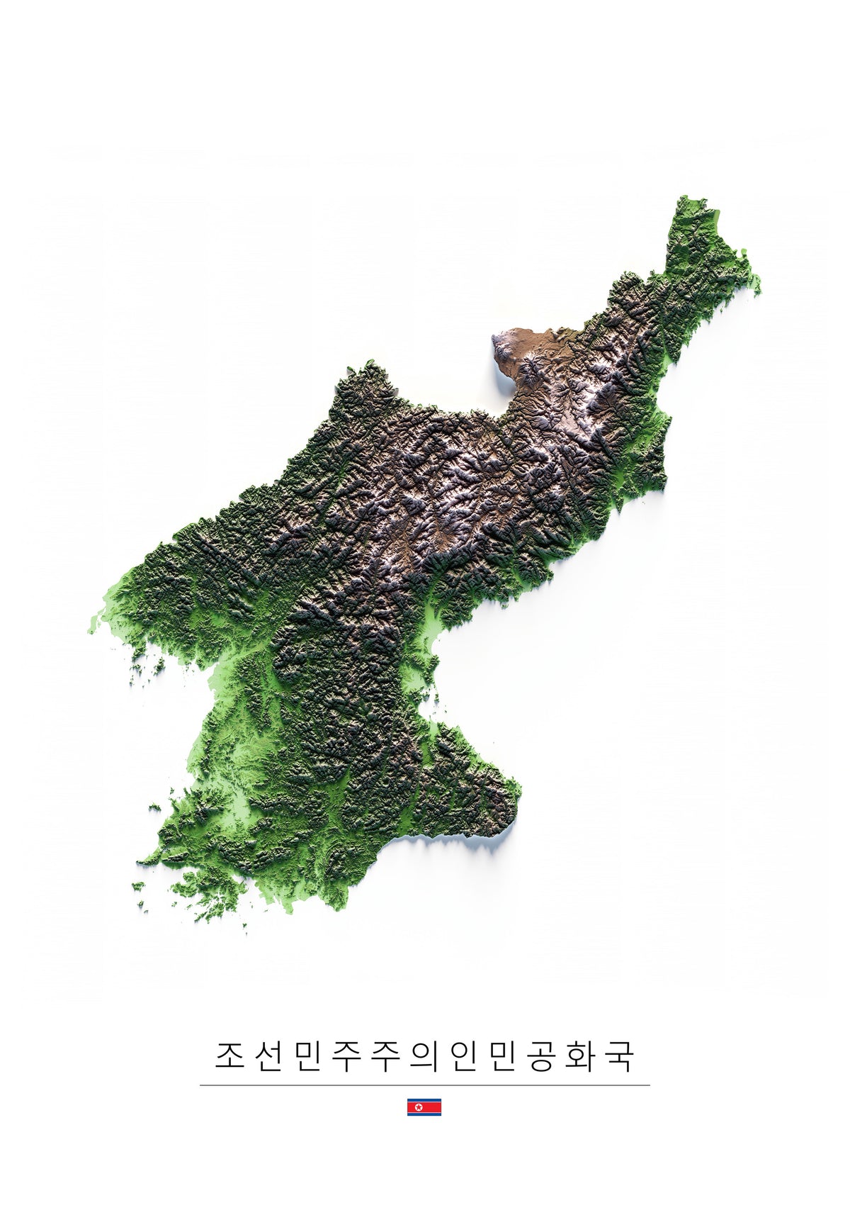 Corea del Norte: vista completa de la ilustración del mapa de relieve.