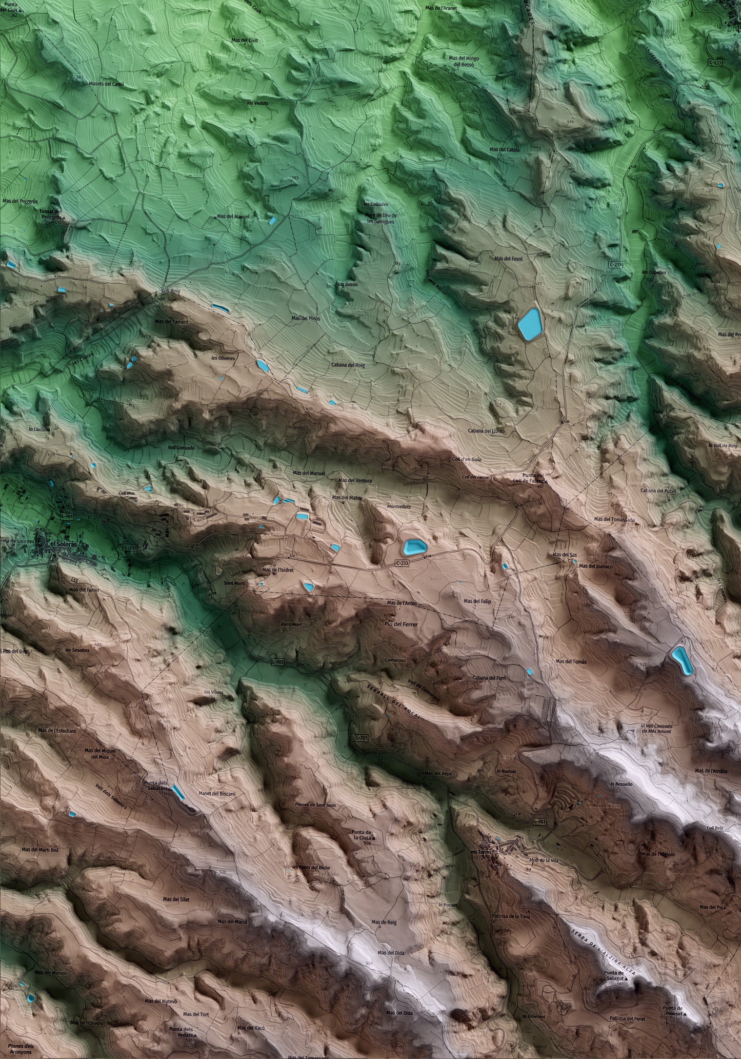 Mapa artístico del relieve de l'Albagés, a las Garrigues, con 15 km de entorno y base topográfica ICGC. Detalle de la zona inferior izquierda.