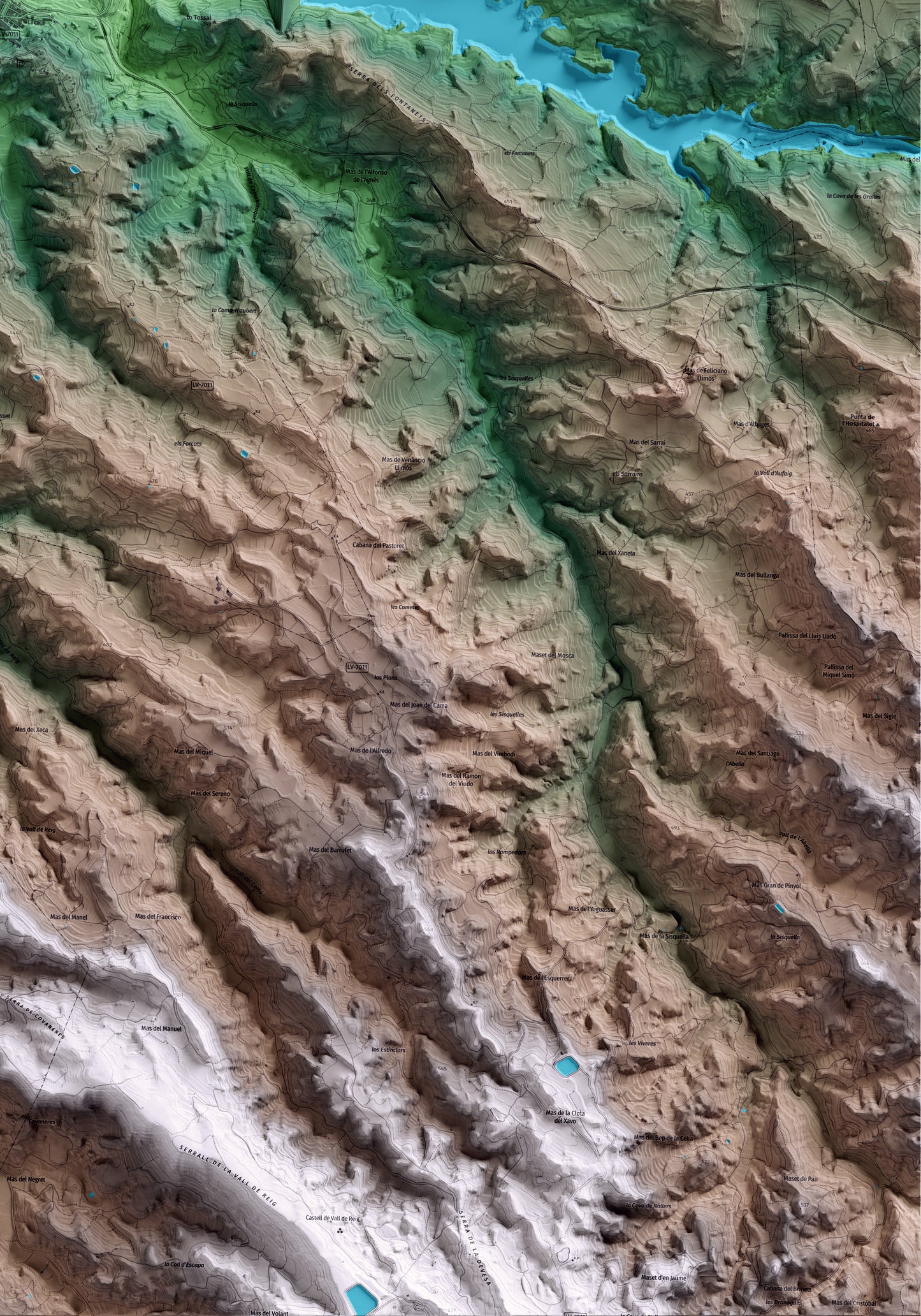 Mapa artístico del relieve de l'Albagés, a las Garrigues, con 15 km de entorno y base topográfica ICGC. Detalle de la zona inferior derecha.