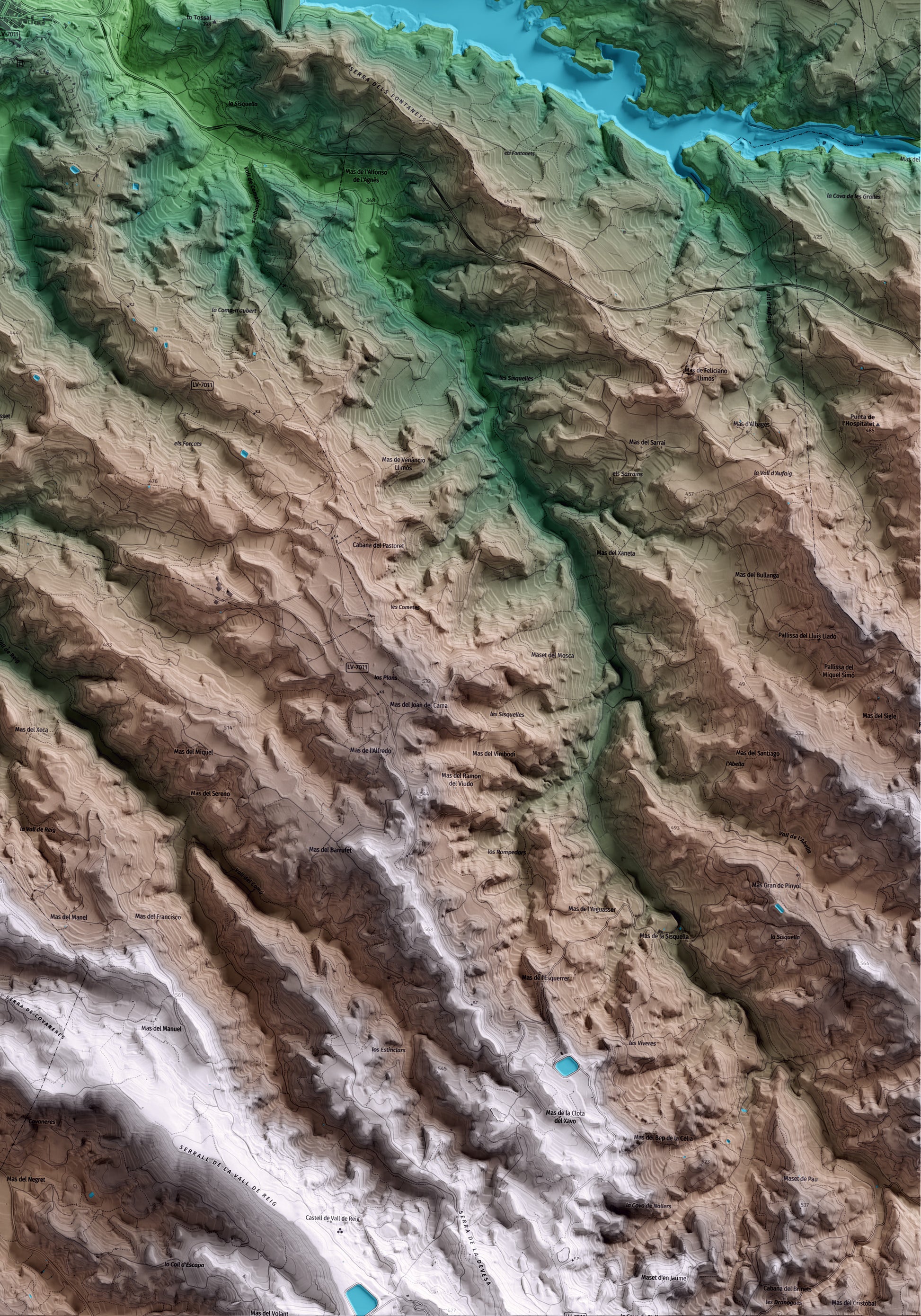 Mapa artístico del relieve de l'Albagés, a las Garrigues, con 15 km de entorno y base topográfica ICGC. Detalle de la zona inferior derecha.