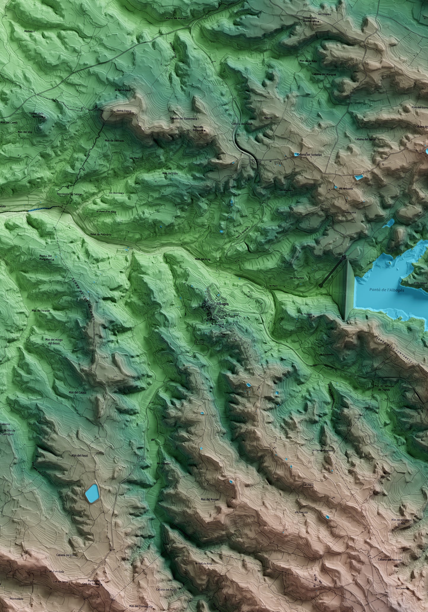 Mapa artístico del relieve de l'Albagés, a las Garrigues, con 15 km de entorno y base topográfica ICGC. Detalle de la zona central.