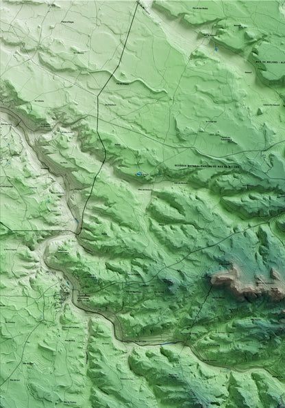 Mapa artístico del relieve de l'Albagés, a las Garrigues, con 15 km de entorno y base topográfica ICGC. Detalle de la zona superior izquierda.