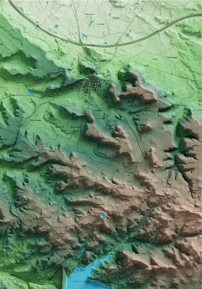 Mapa artístico del relieve de l'Albagés, a las Garrigues, con 15 km de entorno y base topográfica ICGC. Detalle de la zona superior derecha.