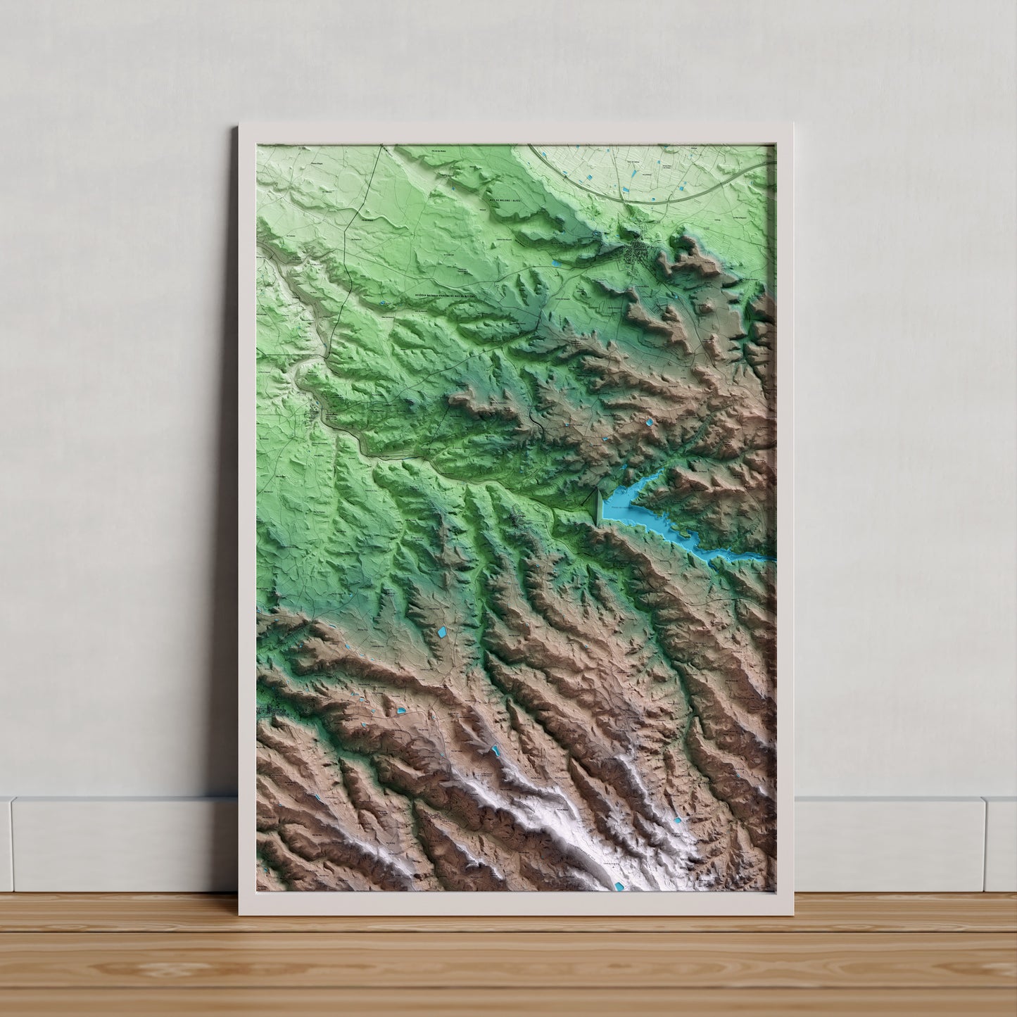 Mapa artístico del relieve de l'Albagés, a las Garrigues, con 15 km de entorno y base topográfica ICGC. Presentación enmarcada.