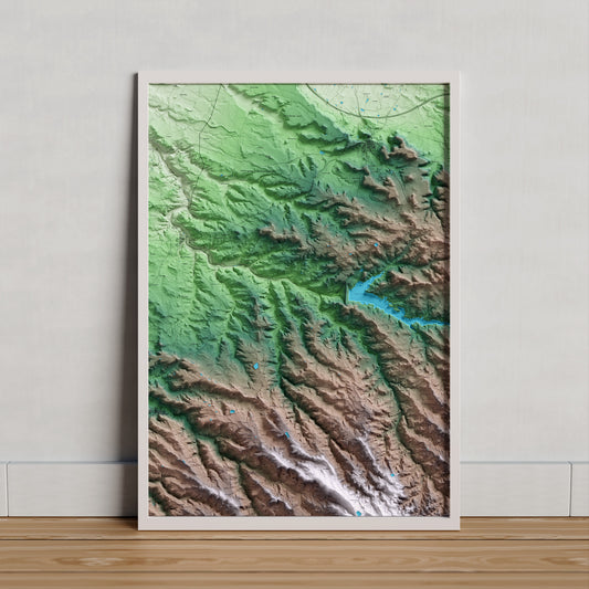 Mapa artístico del relieve de l'Albagés, a las Garrigues, con 15 km de entorno y base topográfica ICGC. Presentación enmarcada.