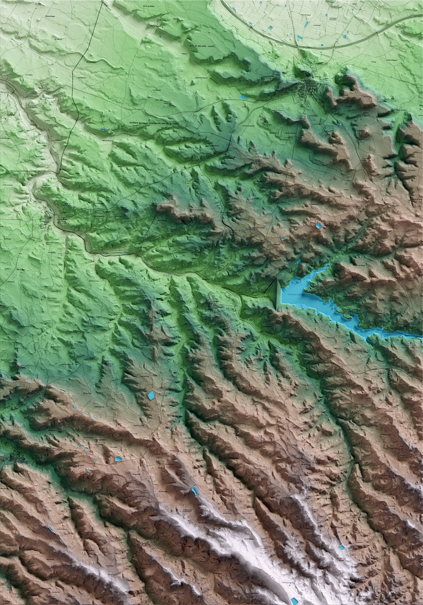 Mapa artístico del relieve de l'Albagés, a las Garrigues, con 15 km de entorno y base topográfica ICGC