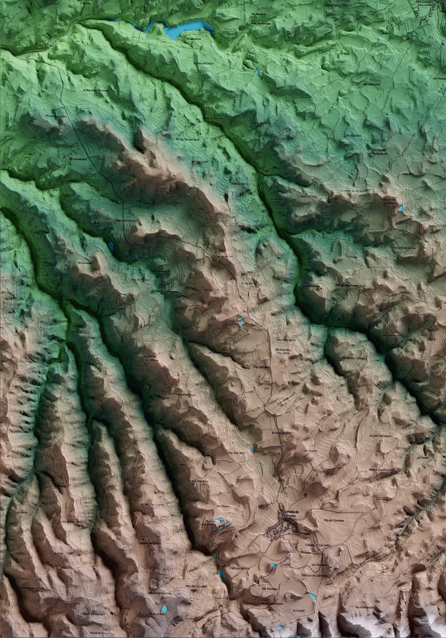 Mapa artístico del relieve de l'Albi, a las Garrigues, con 15 km de entorno y base topográfica ICGC. Detalle de la zona inferior izquierda.
