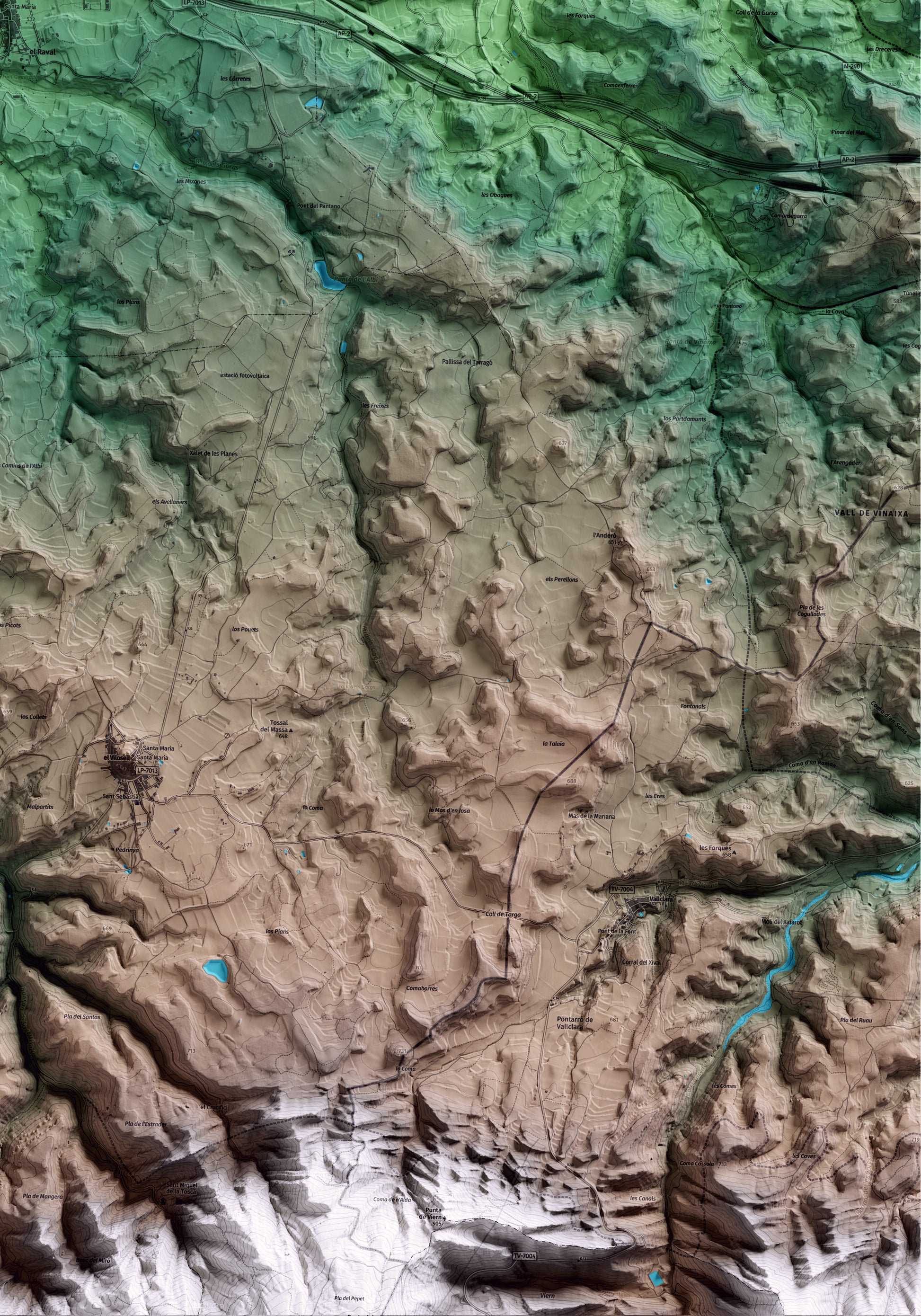 Mapa artístico del relieve de l'Albi, a las Garrigues, con 15 km de entorno y base topográfica ICGC. Detalle de la zona inferior derecha.