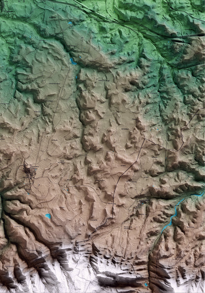 Mapa artístico del relieve de l'Albi, a las Garrigues, con 15 km de entorno y base topográfica ICGC. Detalle de la zona inferior derecha.